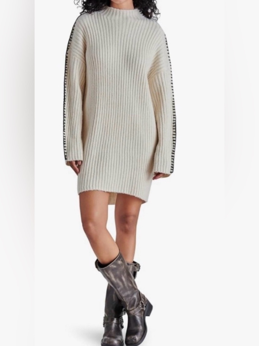 STEVE MADDEN Gemma Ivory Wool Blend Ribbed Chunky Knit Mock Neck Sweater Dress L